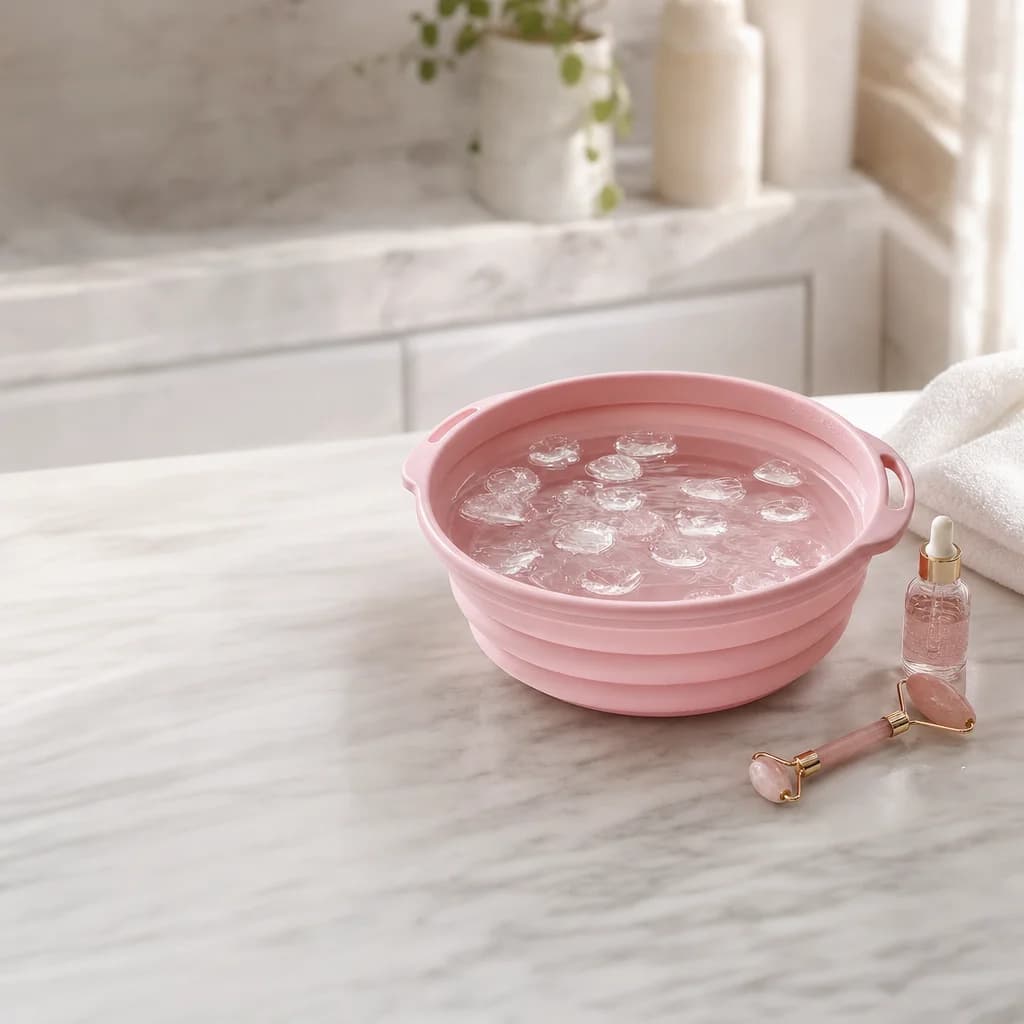 Collapsible facial ice bath bowl, expanded and folded flat, with its honeycomb ice tray base