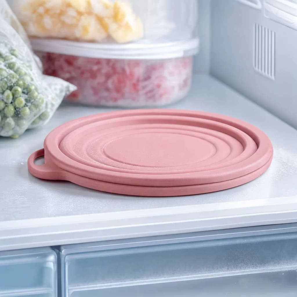 The bowl folded completely flat on a freezer shelf